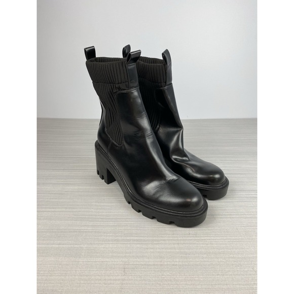 Zara Black Leather Chunky Lug Sole Platform High Ankle Boot Size 10 - Picture 1 of 11